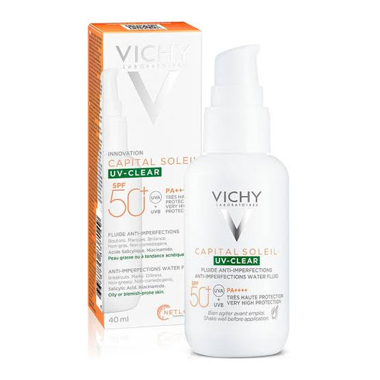 VICHY CAPITAL SOLEIL UV-CLEAR ALTA PROTECCIÓN UVA Y UVB FPS 50+, PREVIENE Y REDUCE MARCAS, COMBATE IMPERFECCIONES Y OLEOSIDAD EN LA PIEL 50 ml