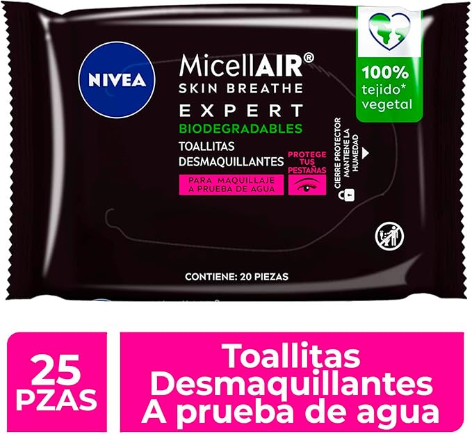 Toallitas Faciales Desmaquillantes NIVEA Expert para Maquillaje a Prueba de Agua (20 piezas) - Biodegradables, Enriquecidas con Extracto de Té Negro - Ideal para Piel Sensible