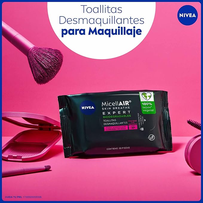 Toallitas Faciales Desmaquillantes NIVEA Expert para Maquillaje a Prueba de Agua (20 piezas) - Biodegradables, Enriquecidas con Extracto de Té Negro - Ideal para Piel Sensible