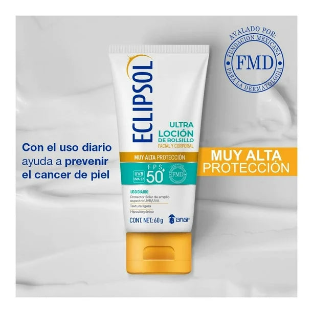 Eclipsol Ultra Loción FPS 50+ Bloqueador Solar Corporal y Facial - Protección UVB/UVA, Hipoalergénico, Uso Diario para Cara y Cuerpo, Textura Ultraligera,60 gr