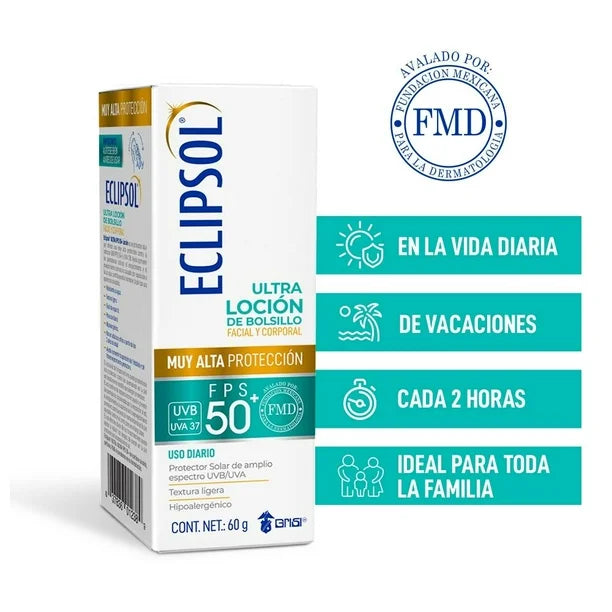 Eclipsol Ultra Loción FPS 50+ Bloqueador Solar Corporal y Facial - Protección UVB/UVA, Hipoalergénico, Uso Diario para Cara y Cuerpo, Textura Ultraligera,60 gr