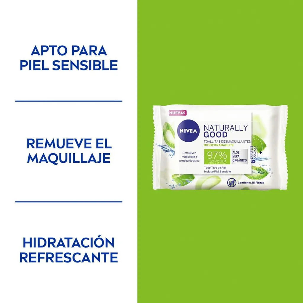 Toallitas desmaquillantes NIVEA Naturally Good biodegradables con aloe vera 25 piezas