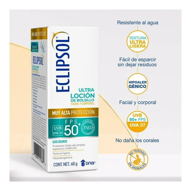 Eclipsol Ultra Loción FPS 50+ Bloqueador Solar Corporal y Facial - Protección UVB/UVA, Hipoalergénico, Uso Diario para Cara y Cuerpo, Textura Ultraligera,60 gr