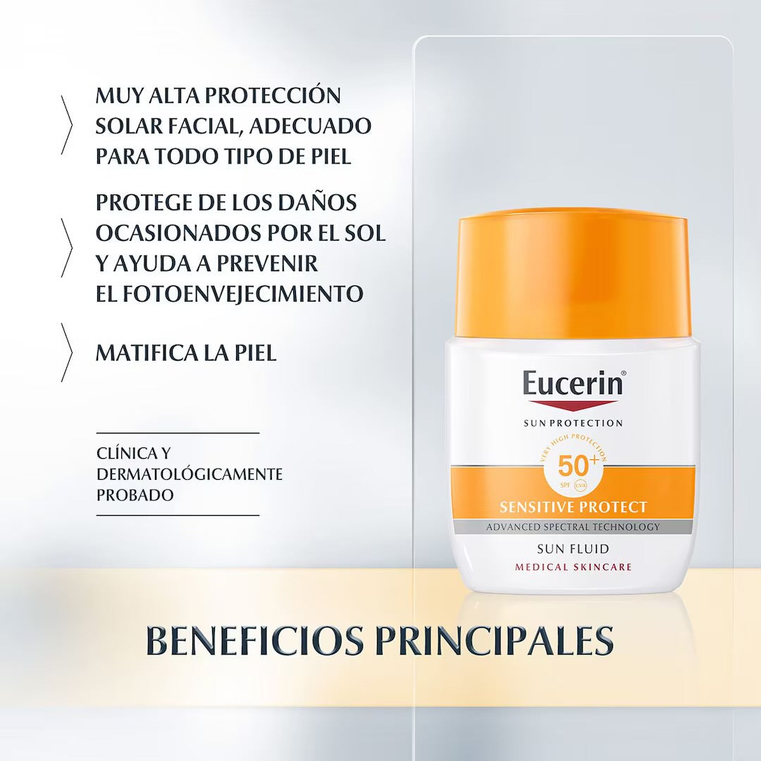 Eucerin Fluido Protector Solar Facial Matificante Sensitive Protect FPS 50, 50 ml