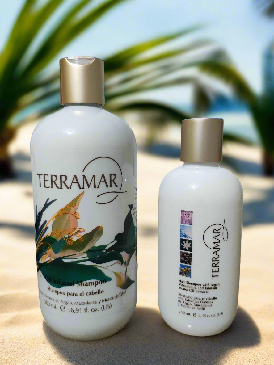 Shampoo pack 2 , terramar con extractos oleosos de argán, macadamia y monoi de Tahití de 250 ml y uno de 500 ML