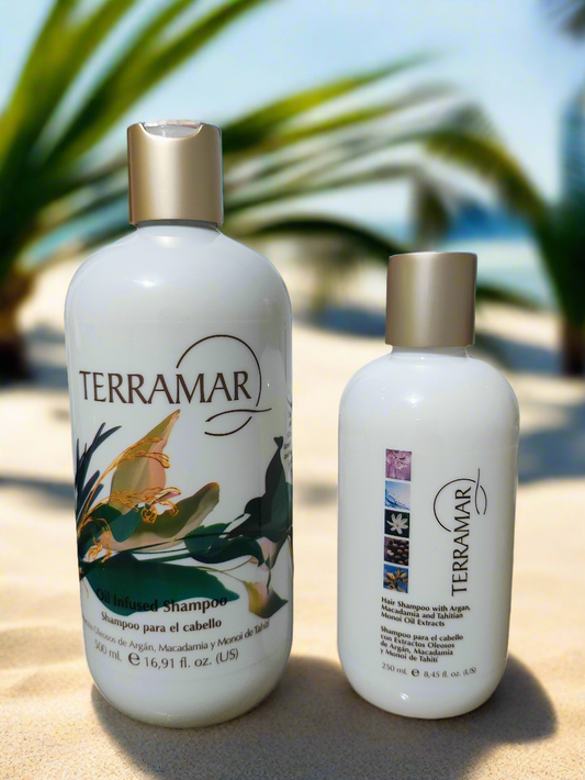 Shampoo pack 2 , terramar con extractos oleosos de argán, macadamia y monoi de Tahití de 250 ml y uno de 500 ML