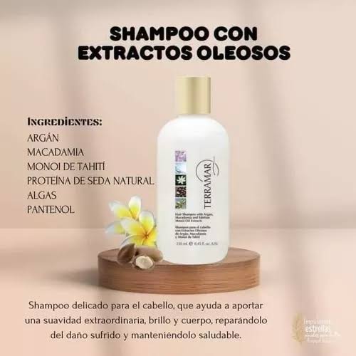 Shampoo pack 2 , terramar con extractos oleosos de argán, macadamia y monoi de Tahití de 250 ml y uno de 500 ML