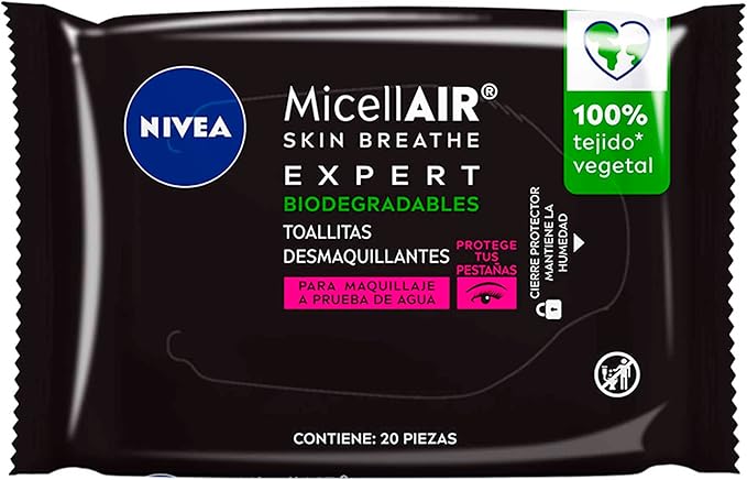 Toallitas Faciales Desmaquillantes NIVEA Expert para Maquillaje a Prueba de Agua (20 piezas) - Biodegradables, Enriquecidas con Extracto de Té Negro - Ideal para Piel Sensible